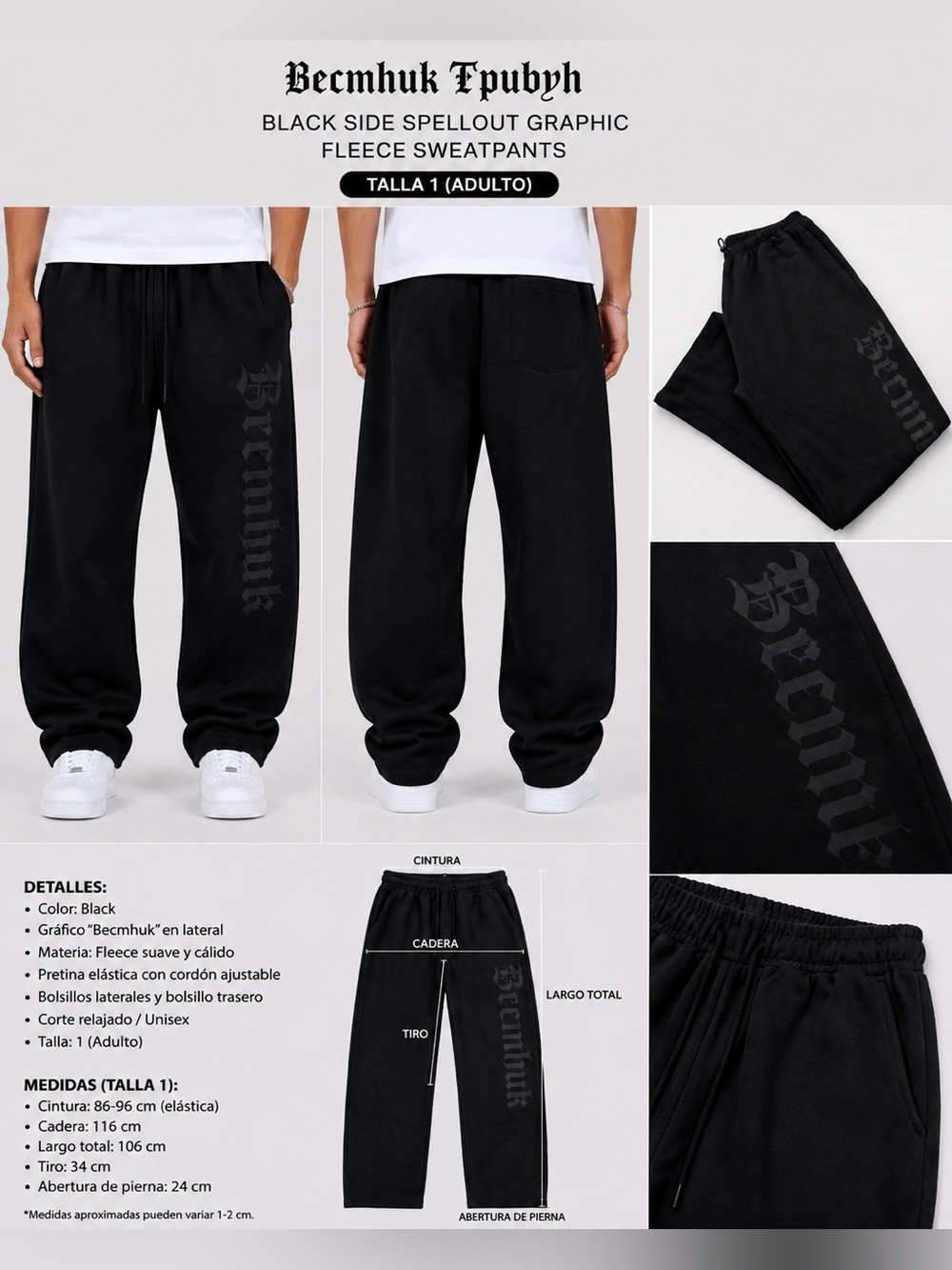 Becmhuk Tpubyh Black Side Spellout Graphic Fleece Sweatpants Unisex Adult Size 1